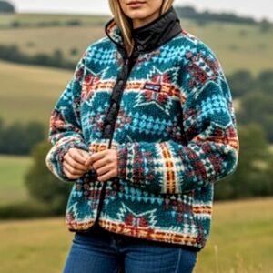 Rock & Roll Women's Medium Aztec Sherpa Jacket Fleece Coat Teal Brown Snap Up